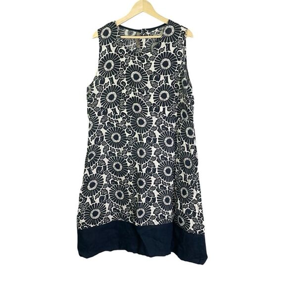 FLAX Banded Simplicity Midnight Print Floral Navy Blue White Dress Linen - Picture 1 of 11